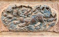 Chinese Lion, Ancient Wall Sculpture in Chinese Temple, Kunming City, Royalty Free Stock Photo