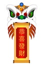 Chinese Lion Dance Head with Happy New Year Scroll