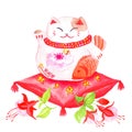 Chinese lucky cat sitting on the red pillow with fuchsia and waving paw Royalty Free Stock Photo