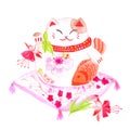 Chinese lucky cat sitting on the red pillow with fuchsia and waving paw