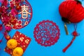 Chinese lunar new year decoration over blue background. Royalty Free Stock Photo