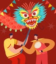 Chinese Lunar New Year People holding Dragon. Lion dance characters wearing china traditional costume on parade carnival