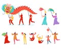 Chinese Lunar New Year People holding Dragon. Lion dance women and men characters wearing china traditional costume