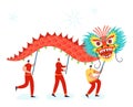 Chinese Lunar New Year People holding Dragon, wearing china traditional costume on parade or carnival. Characters