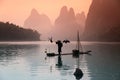 Chinese man fishing with cormorants birds Royalty Free Stock Photo