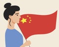 Chinese man with flag isolated as concept of China independence day, patriotic flat vector stock illustration with citizen