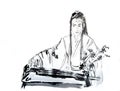 chinese man musician in chinese costume playing guqin, ink drawing in chinese style