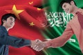 Chinese man shaking hands with Arabian person