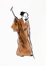 Chinese man with staff hand drawn in sumi-e style