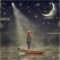 Chinese man stands in boat