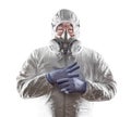 Chinese Man Wearing Hazmat Suit, Goggles and Gas Mask Isolated On White Royalty Free Stock Photo