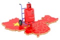 Chinese map with propane gas cylinder on hand truck. Gas Delivery Service in China, concept. 3D rendering