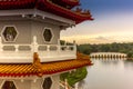 Chinese marble bridge temples reflecting in the lake in the Chin Royalty Free Stock Photo