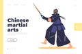 Chinese martial arts concept of landing page with wushu warrior in mask and black kimono costume