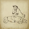 Chinese medical massage, ancient medicine vector illustration on old paper. Massage. Alternative medicine. Chinese