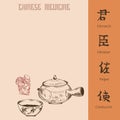 Chinese medicine, herbal tea and hieroglyphs of traditional chinese medical rules, vector illustration banner Royalty Free Stock Photo