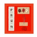 Chinese medicine, herbal tea and hieroglyphs of traditional chinese medical rules, zhen shen root and herbs vector