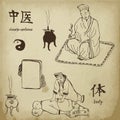 Chinese medicine set of vector illustration on old paper. Massage, medical plants in pot. Alternative medicine. Chinese