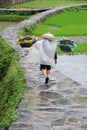 Chinese Miao nationality farmer in the rain