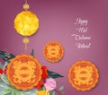 Chinese mid autumn festival background with polygonal lantern and cake