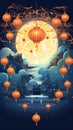 Chinese mid autumn festival. Lanterns flying in the sky. illustration Generative AI Royalty Free Stock Photo