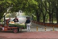 Chinese mobile fruits stall scenery by road, people wearing mask