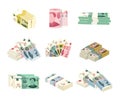 Chinese money paper banknote set. Cash of different nominal value. Stacks, piles, one, fan of yuan. Asian currency. Bank