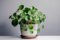 Chinese Money Plant Pilea Peperomioides In A White Pot On A White Background. Generative AI Royalty Free Stock Photo