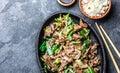 Chinese mongolian beef stir fry on iron plate Royalty Free Stock Photo