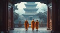 Chinese monks greeting guests near the temple Royalty Free Stock Photo