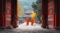 Chinese monks greeting guests near the temple Royalty Free Stock Photo