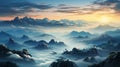 Chinese mountains in the mist sunrise. Generative AI. Royalty Free Stock Photo