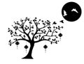 Wall Decals vector, Tree with Chinese lamps and flying birds silhouettes on full moon, Wall Decoration, Art Decor, Poster design Royalty Free Stock Photo