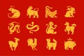 Chinese New Year Asian holiday animal characters monochrome icon set vector flat illustration Royalty Free Stock Photo