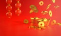 Chinese New Year Background. Chinese Gold Coin Falling to Ingot. Lantern 3D Rendering