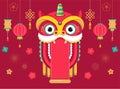 Chinese New Year background, greeting card with a lion dance, red dragon character