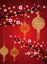 Chinese New Year Background. Red Blooming Sakura Branches on Bright Backdrop.Asian Lantern Lamps. Vector