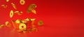 Chinese New Year Banner Background. Chinese Gold Coin Falling to Ingot. Copy Space 3D Rendering