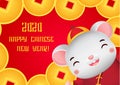 Chinese new year banner. cartoon mouse happy face and lucky golden coins. 2020 year of rat
