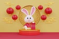 Chinese new year banner, cute rabbit holding red ancient scroll and festive lanterns hanging, Chinese Festivals, 3d rendering.
