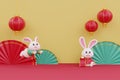 Chinese new year banner, 3D cute rabbits with festive lanterns, Chinese Festivals, Lunar, CYN 2023, 3d rendering