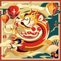 Chinese New Year banner with dragon and firecrackers. Vector illustration AI generated