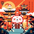 Chinese new year banner or flyer with cute panda and traditional buildings AI generated