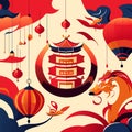 Chinese New Year banner with traditional japanese symbols. Vector illustration generative AI Royalty Free Stock Photo