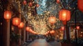 Chinese New Year banner. 2024 - year of the Dragon. street, lights, lanterns, bokeh. Royalty Free Stock Photo
