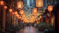 Chinese New Year banner. 2024 - year of the Dragon. street, lights, lanterns, bokeh. Royalty Free Stock Photo