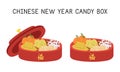 Chinese New Year candy box clipart. Simple Chinese red candy box with candies, fruits, seeds flat vector illustration cartoon
