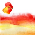 Chinese New Year card Design with red rooster, zodiac symbol of 2017, on watercolor fiery background. Royalty Free Stock Photo