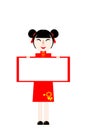 Chinese New Year card. Girl in red dress standing and holding blank board / paper white space.