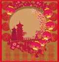 Chinese New Year card - Traditional lanterns and Asian buildings Royalty Free Stock Photo